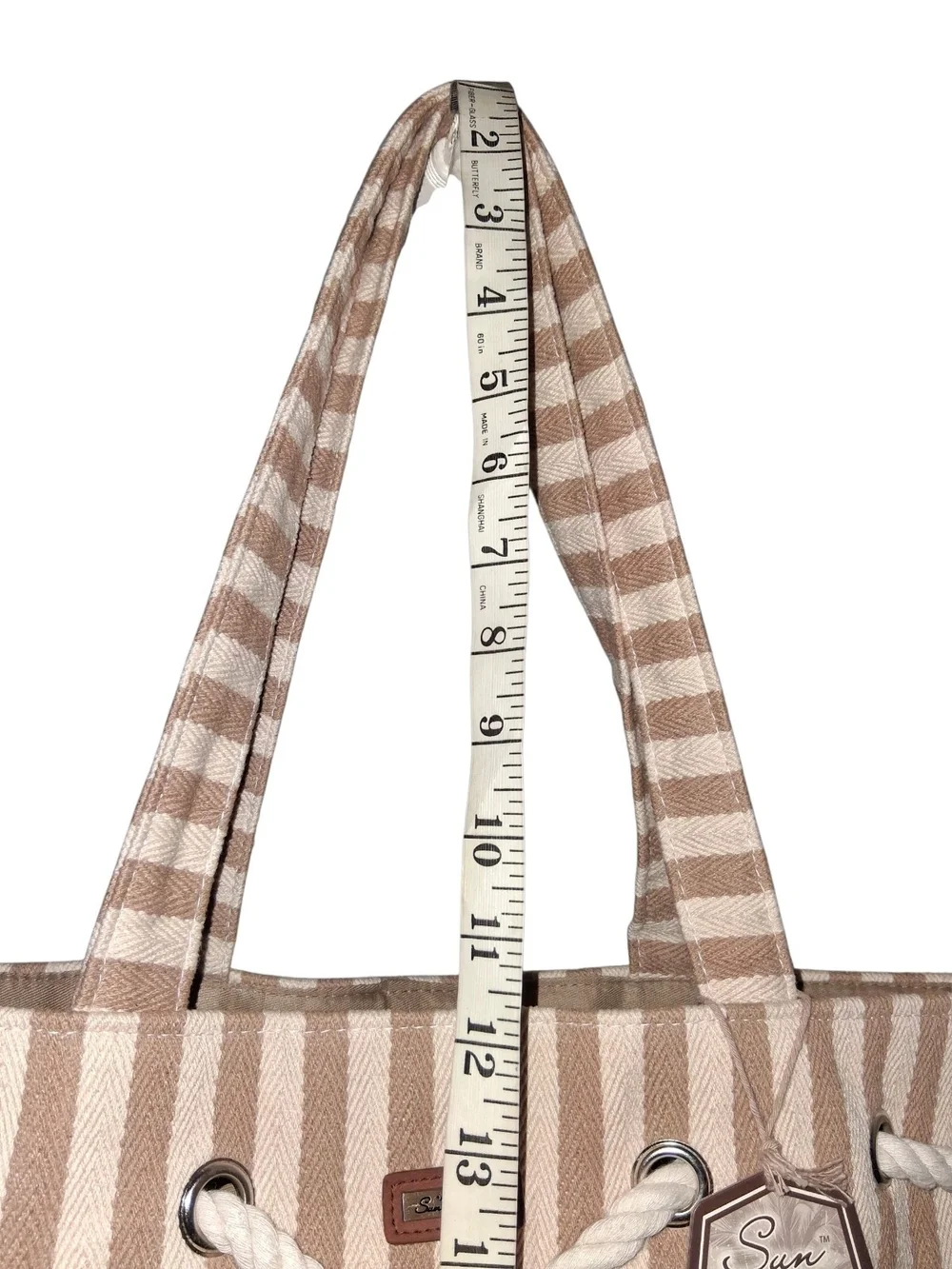 SUN and SAND Cream and Brown Stripe Tote Bag with Rope Closure Detail NWT